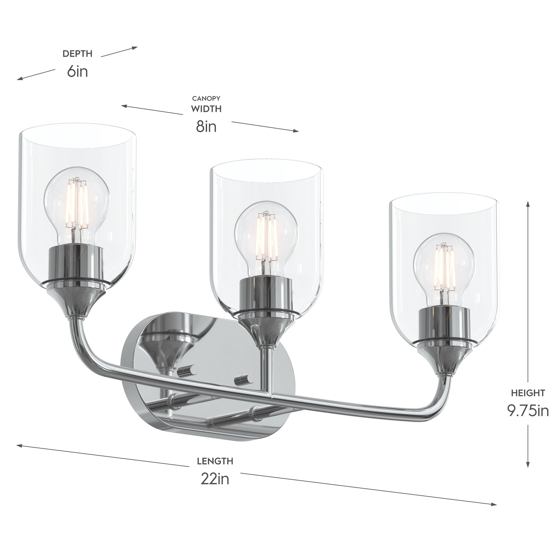 Progress Lighting P300573-015 Ilia 3-Light Bath Vanity Polished Chrome - Dimensions Diagram (22in L x 9.75in H x 6in D)