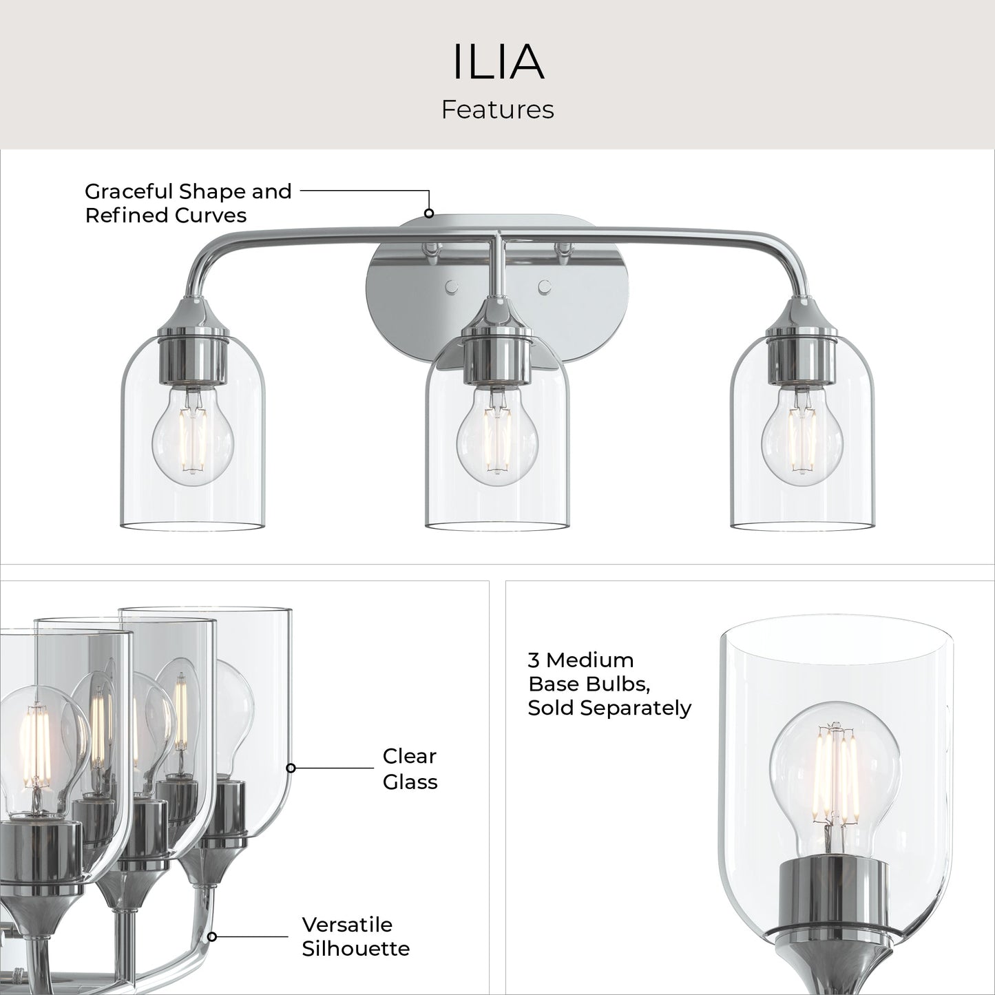 Progress Lighting P300573-015 Ilia 3-Light Bath Vanity Polished Chrome - Additional View