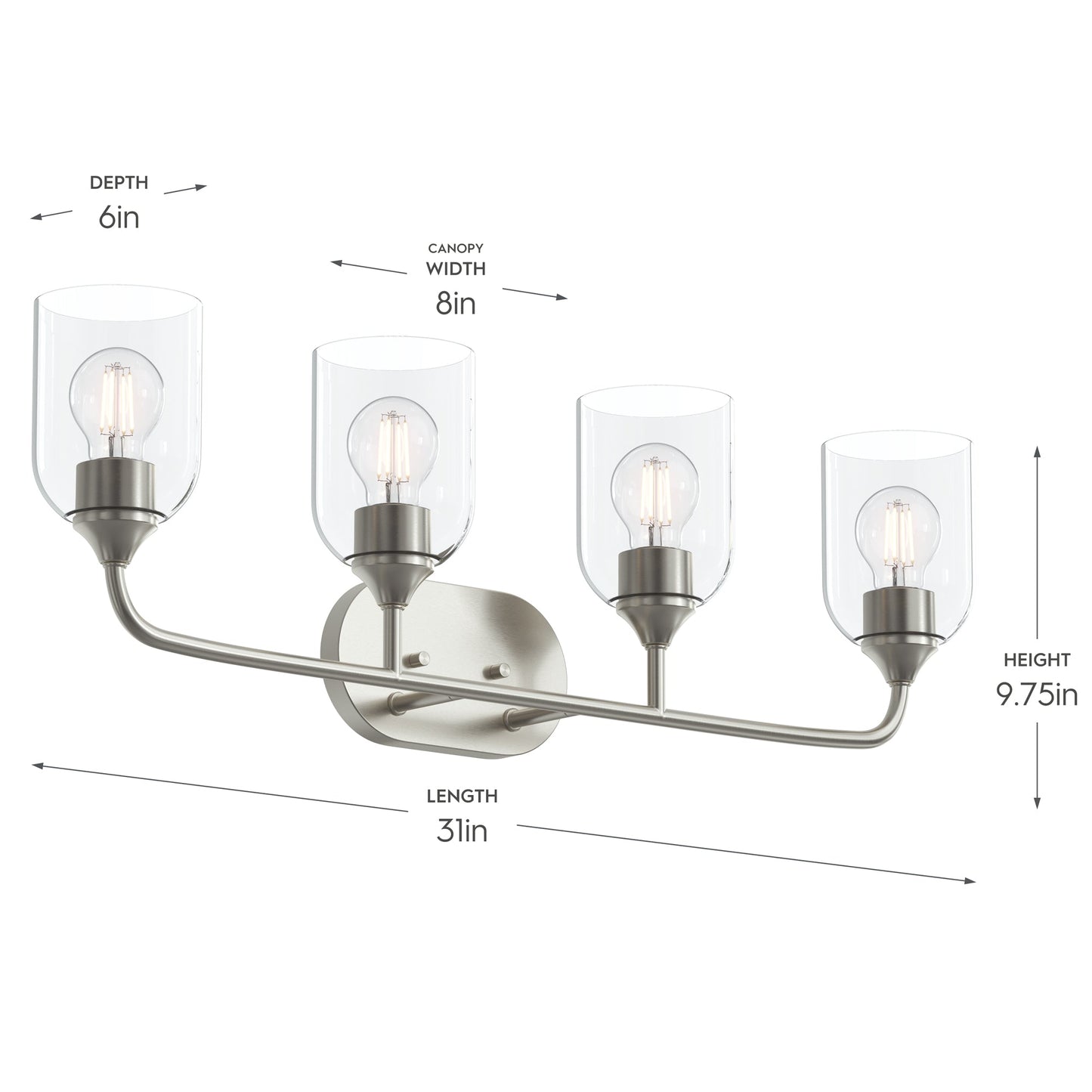 Progress Lighting P300574-009 Ilia dimensions: 31in length, 9.75in height, 6in depth, 8in canopy width