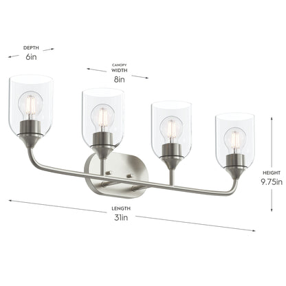 Progress Lighting P300574-009 Ilia dimensions: 31in length, 9.75in height, 6in depth, 8in canopy width
