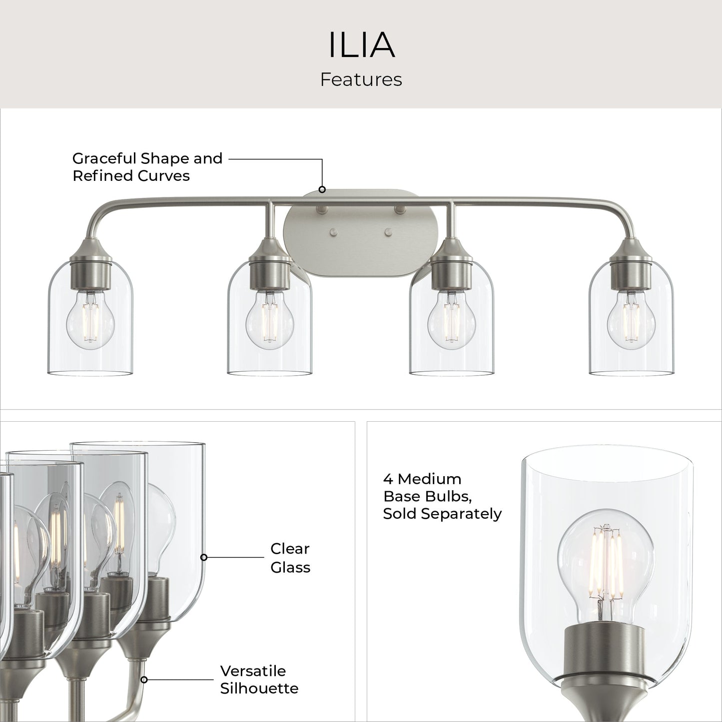 Progress Lighting P300574-009 Ilia feature infographic highlighting clear glass shades and versatile silhouette