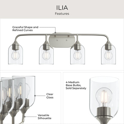 Progress Lighting P300574-009 Ilia feature infographic highlighting clear glass shades and versatile silhouette