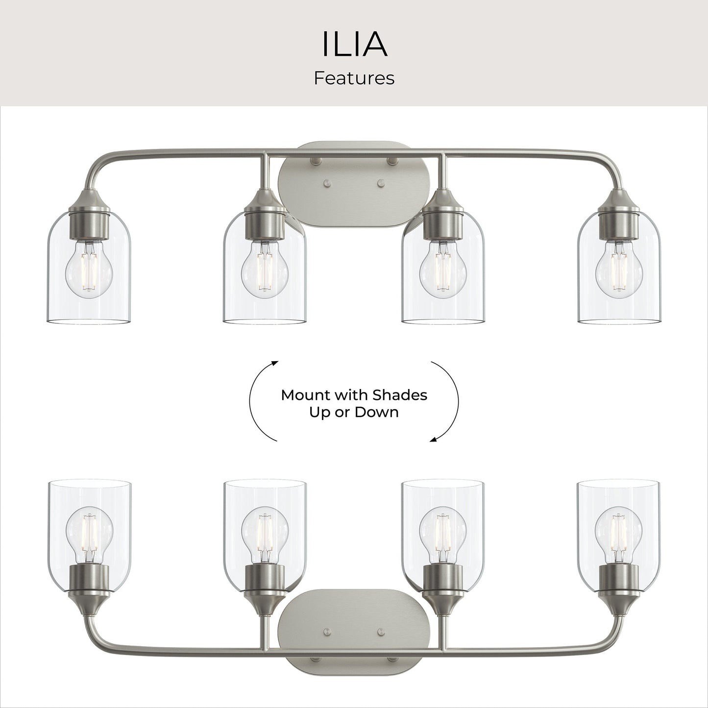 Progress Lighting P300574-009 Ilia versatility infographic showing shades up or down mounting options