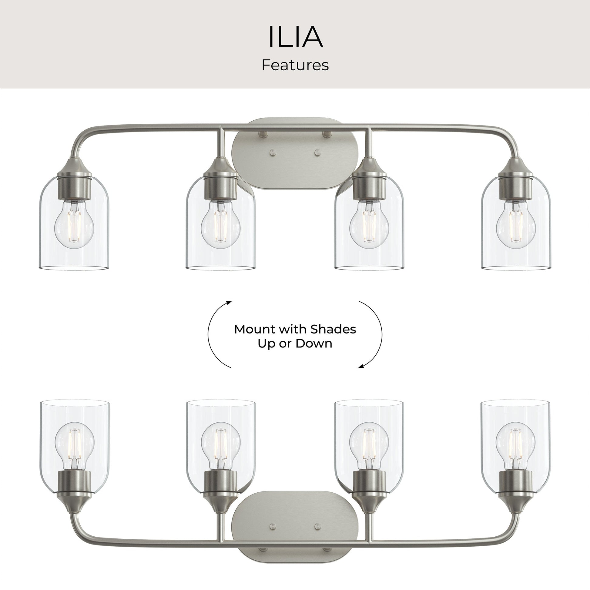 Progress Lighting P300574-009 Ilia versatility infographic showing shades up or down mounting options