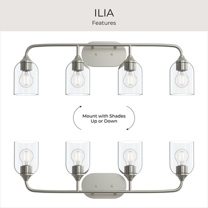 Progress Lighting P300574-009 Ilia versatility infographic showing shades up or down mounting options