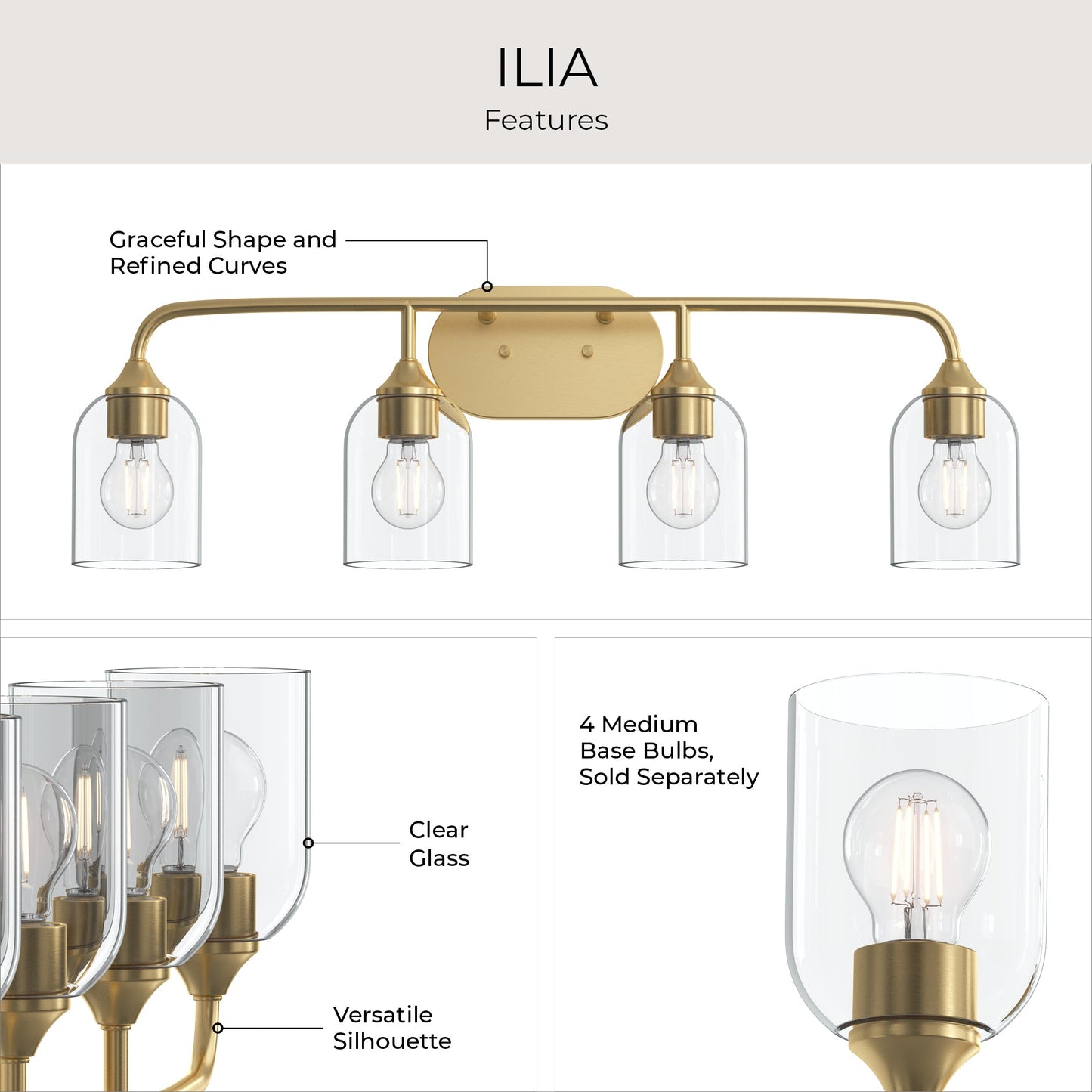 Progress Lighting P300574-191 Ilia Feature Infographic - Clear Glass, Versatile Silhouette, Graceful Shape