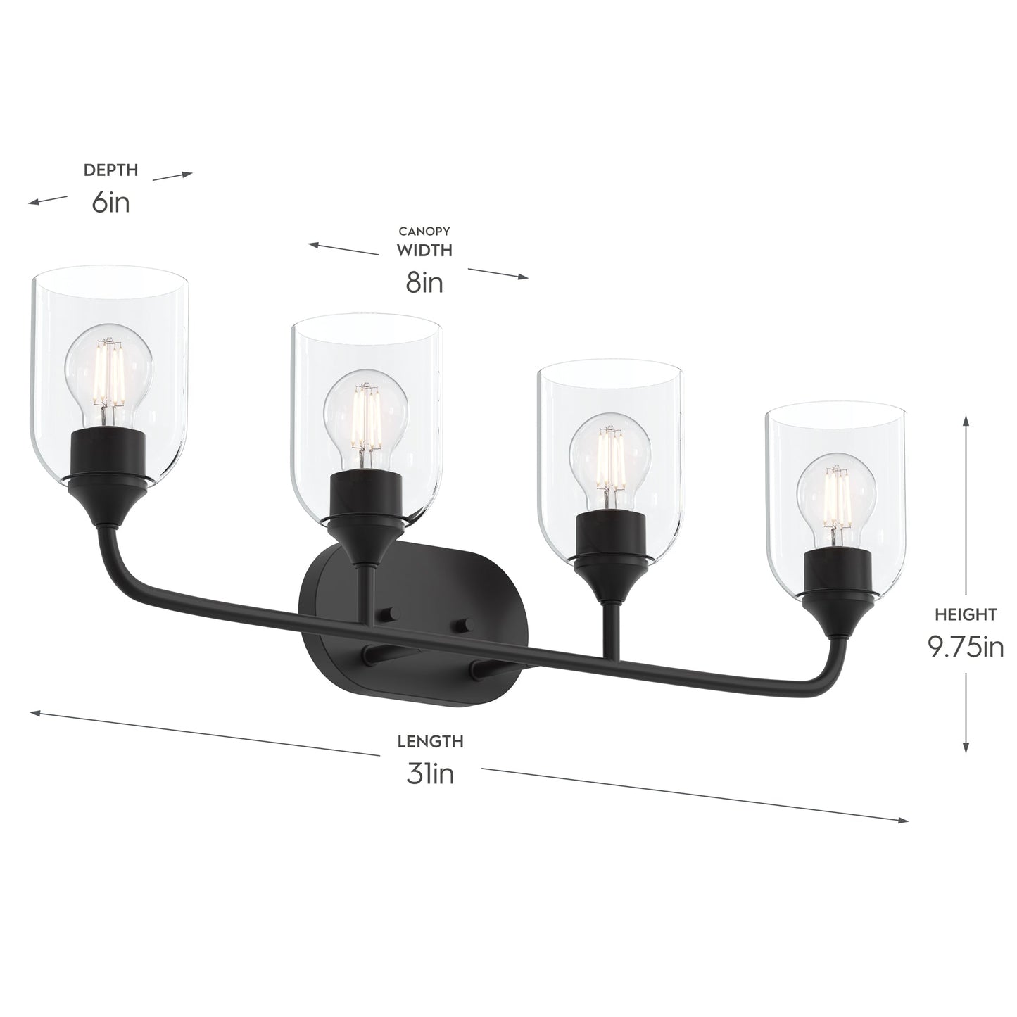 Progress Lighting P300574-31M Ilia 4-Light Bath Vanity dimensions: 31in length, 9.75in height, 6in depth, 8in canopy width