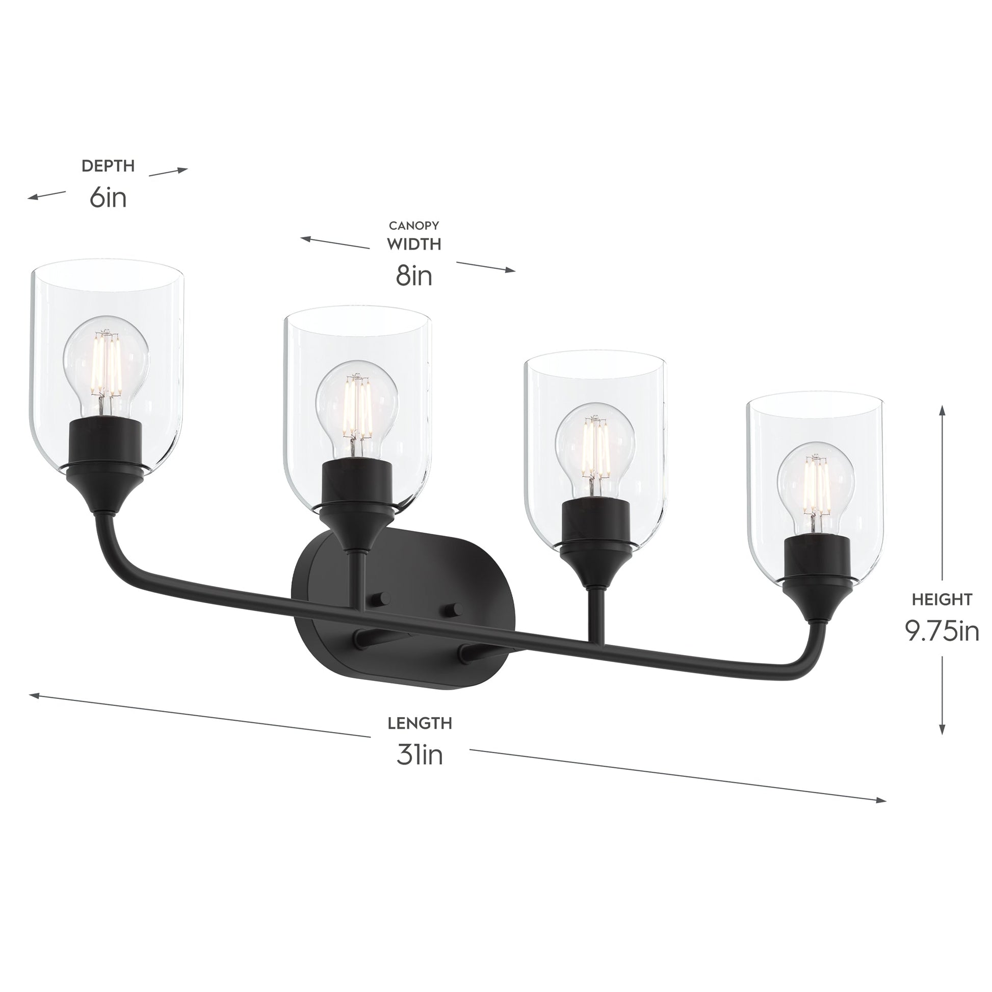 Progress Lighting P300574-31M Ilia 4-Light Bath Vanity dimensions: 31in length, 9.75in height, 6in depth, 8in canopy width