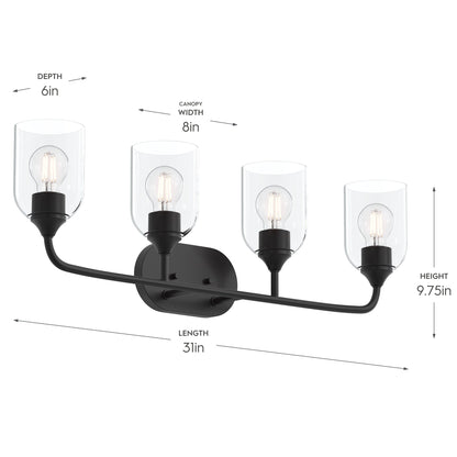 Progress Lighting P300574-31M Ilia 4-Light Bath Vanity dimensions: 31in length, 9.75in height, 6in depth, 8in canopy width
