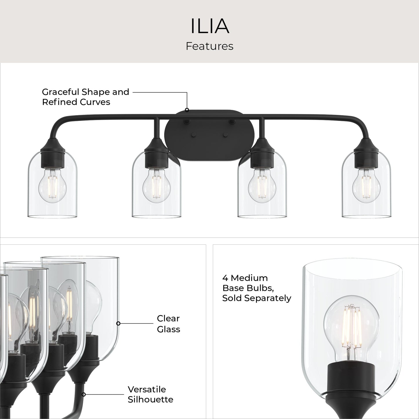 Progress Lighting P300574-31M Ilia Features Infographic showing Clear Glass shades and Versatile Silhouette