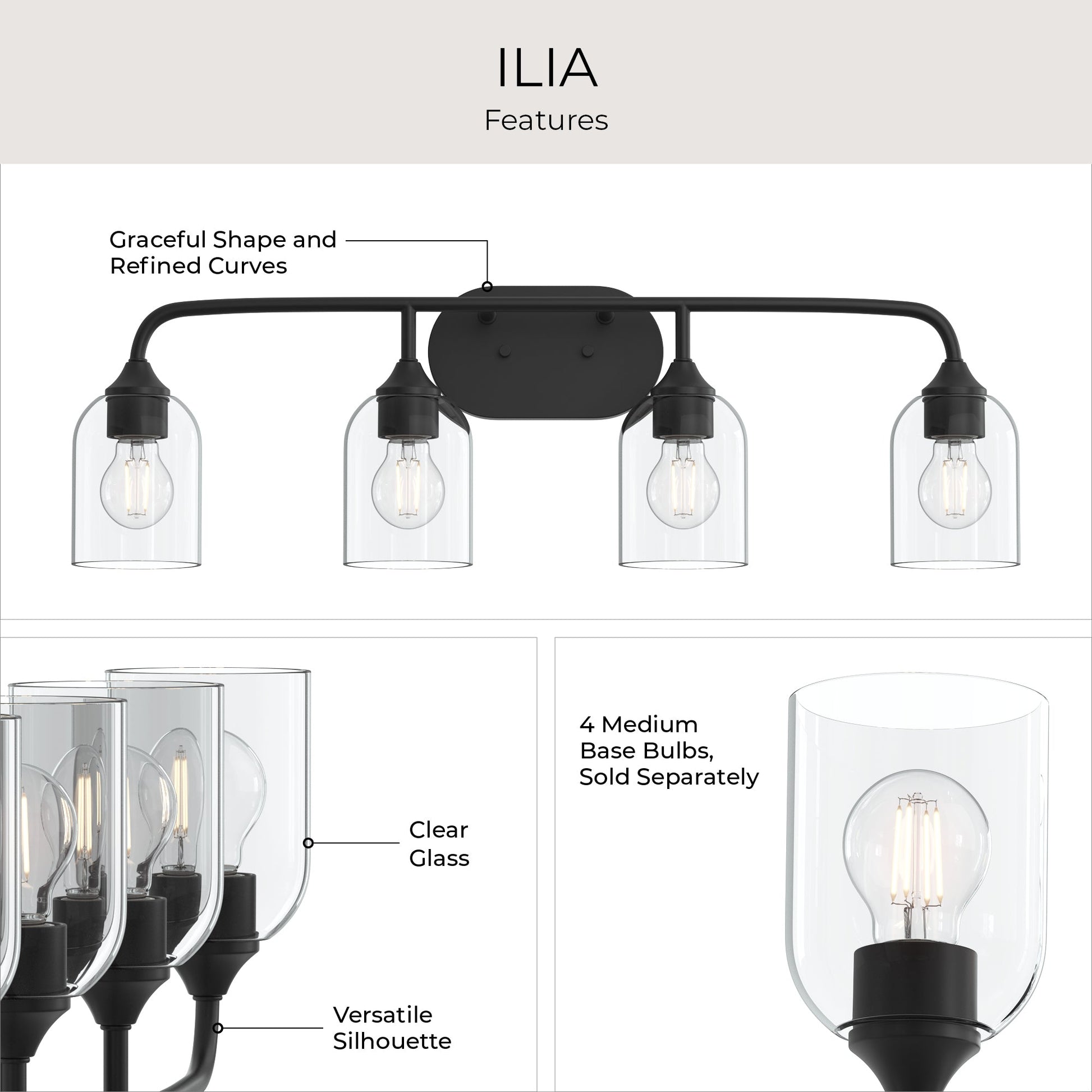 Progress Lighting P300574-31M Ilia Features Infographic showing Clear Glass shades and Versatile Silhouette