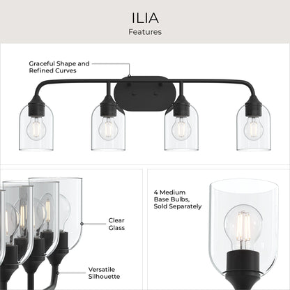 Progress Lighting P300574-31M Ilia Features Infographic showing Clear Glass shades and Versatile Silhouette