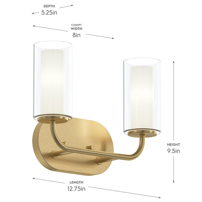 Progress Lighting P300575-191 Mack 2 Light Brushed Gold Bath Vanity Wall Light - Dimensions Diagram