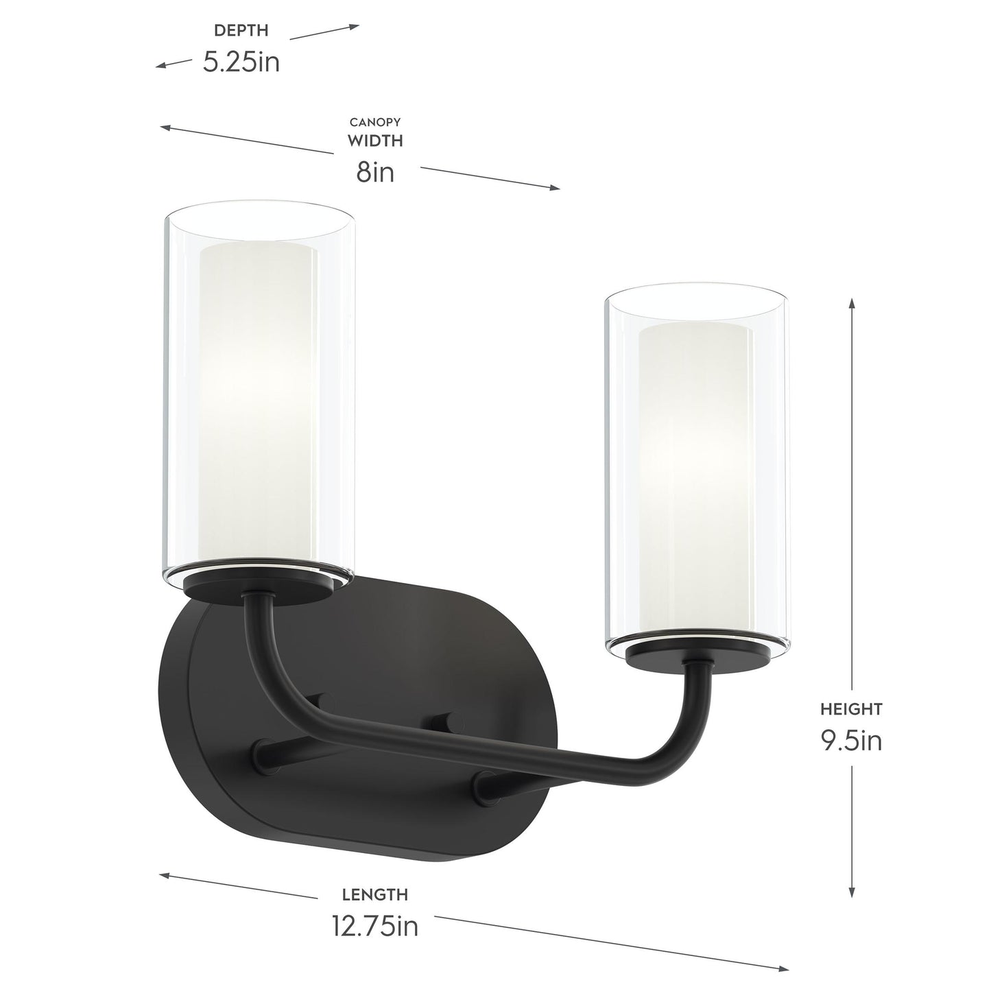 Progress Lighting P300575-31M Mack 2 Light Matte Black Bath Vanity Wall Light - Dimensions Diagram