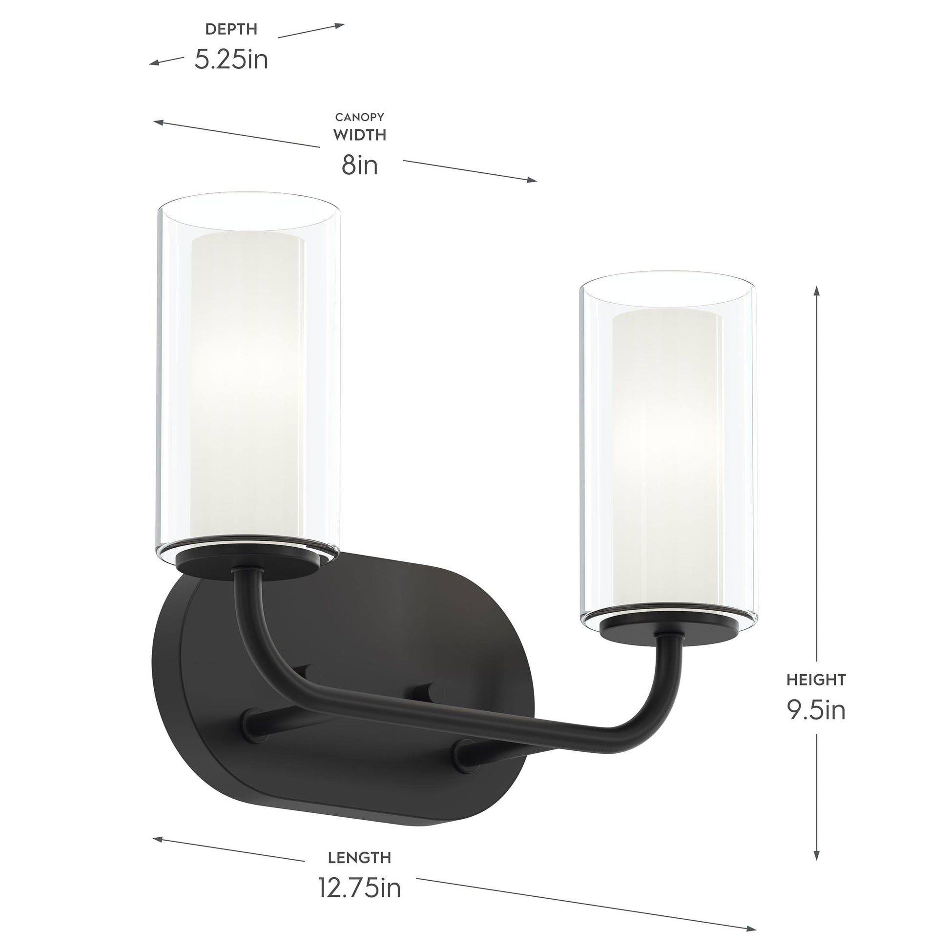 Progress Lighting P300575-31M Mack 2 Light Matte Black Bath Vanity Wall Light - Dimensions Diagram