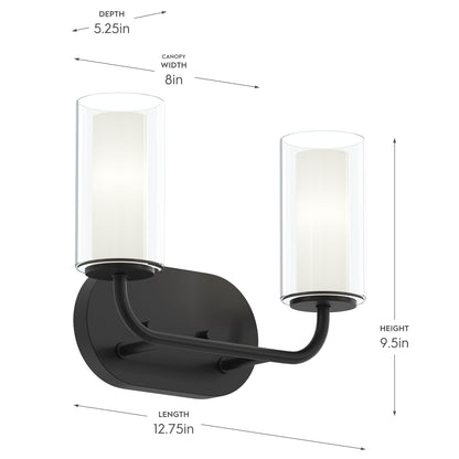 Progress Lighting P300575-31M Mack 2 Light Matte Black Bath Vanity Wall Light - Dimensions Diagram