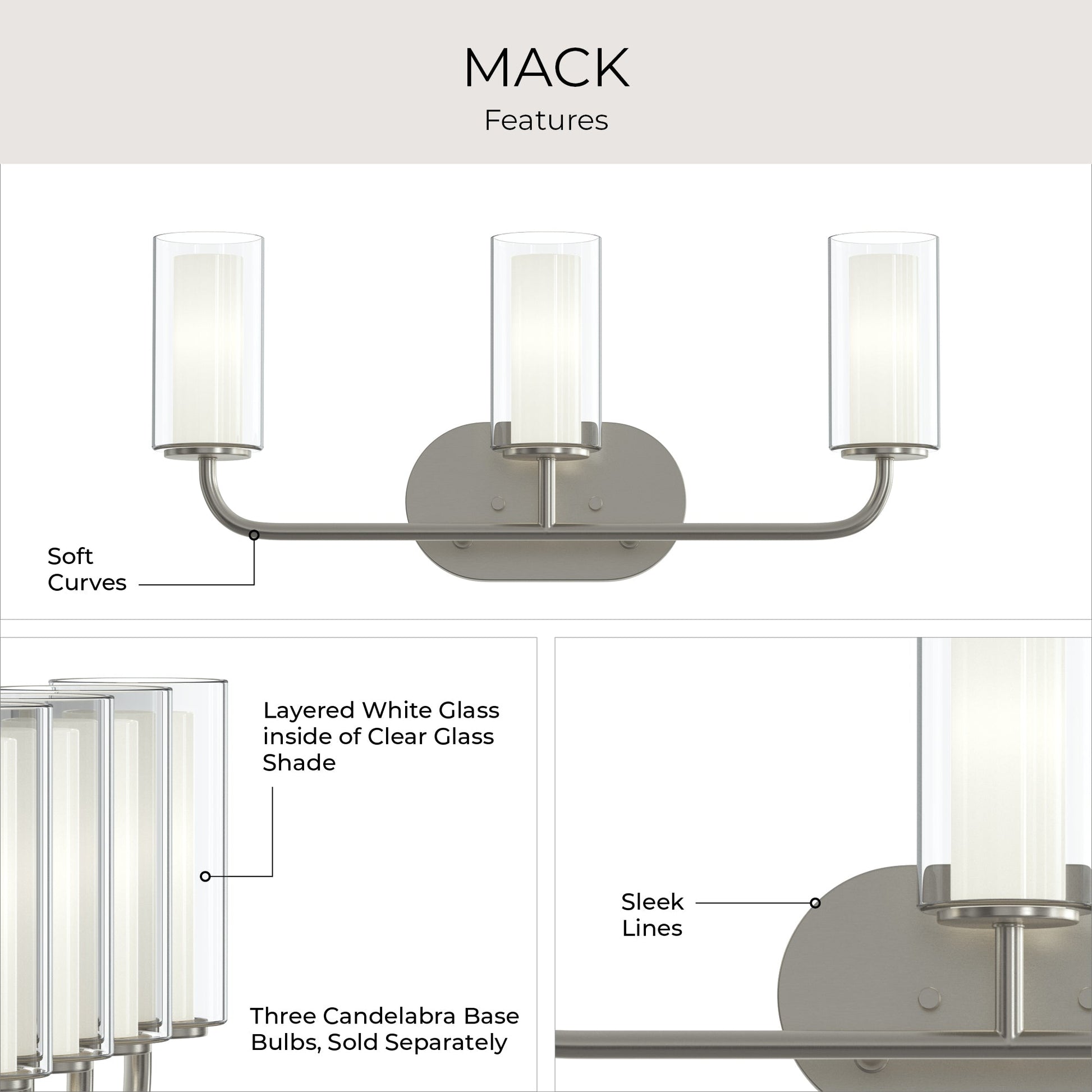 Progress Lighting P300576-009 Mack 3 Light Bath Vanity Wall Light features infographic