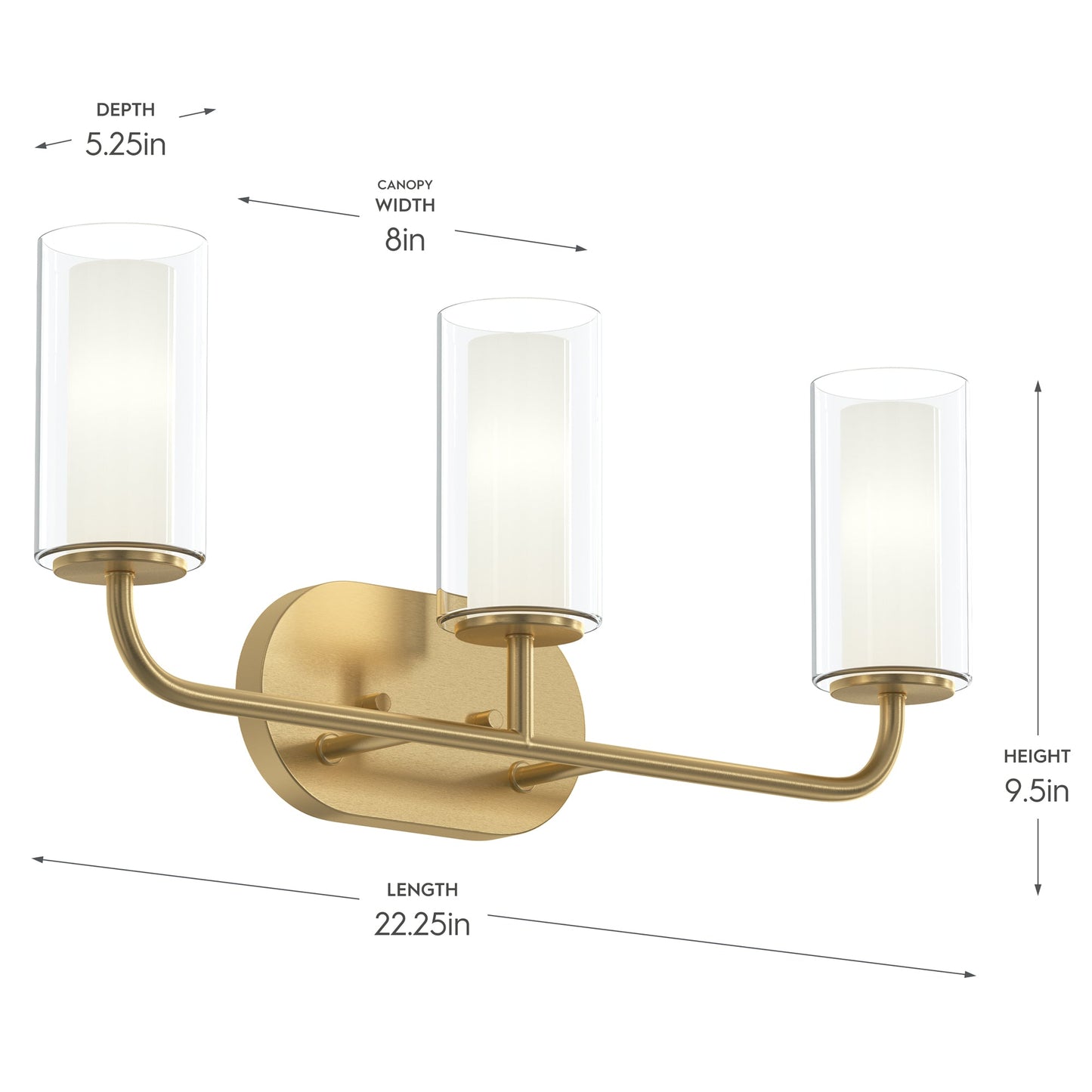 Progress Lighting P300576-191 Mack 3 Light Brushed Gold Bath Vanity Wall Light - Dimensions Diagram