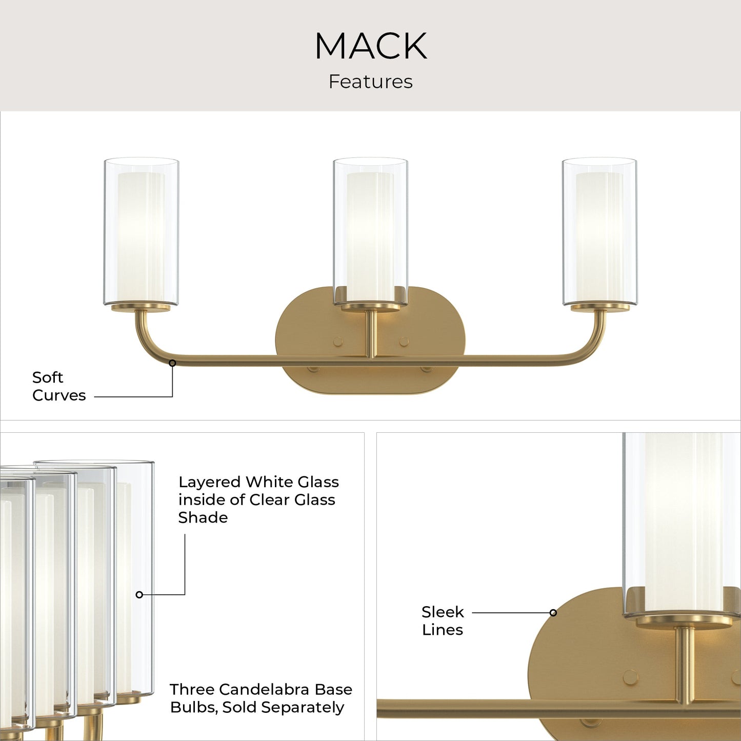 Progress Lighting P300576-191 Mack 3 Light Brushed Gold Bath Vanity Wall Light - Feature Infographic