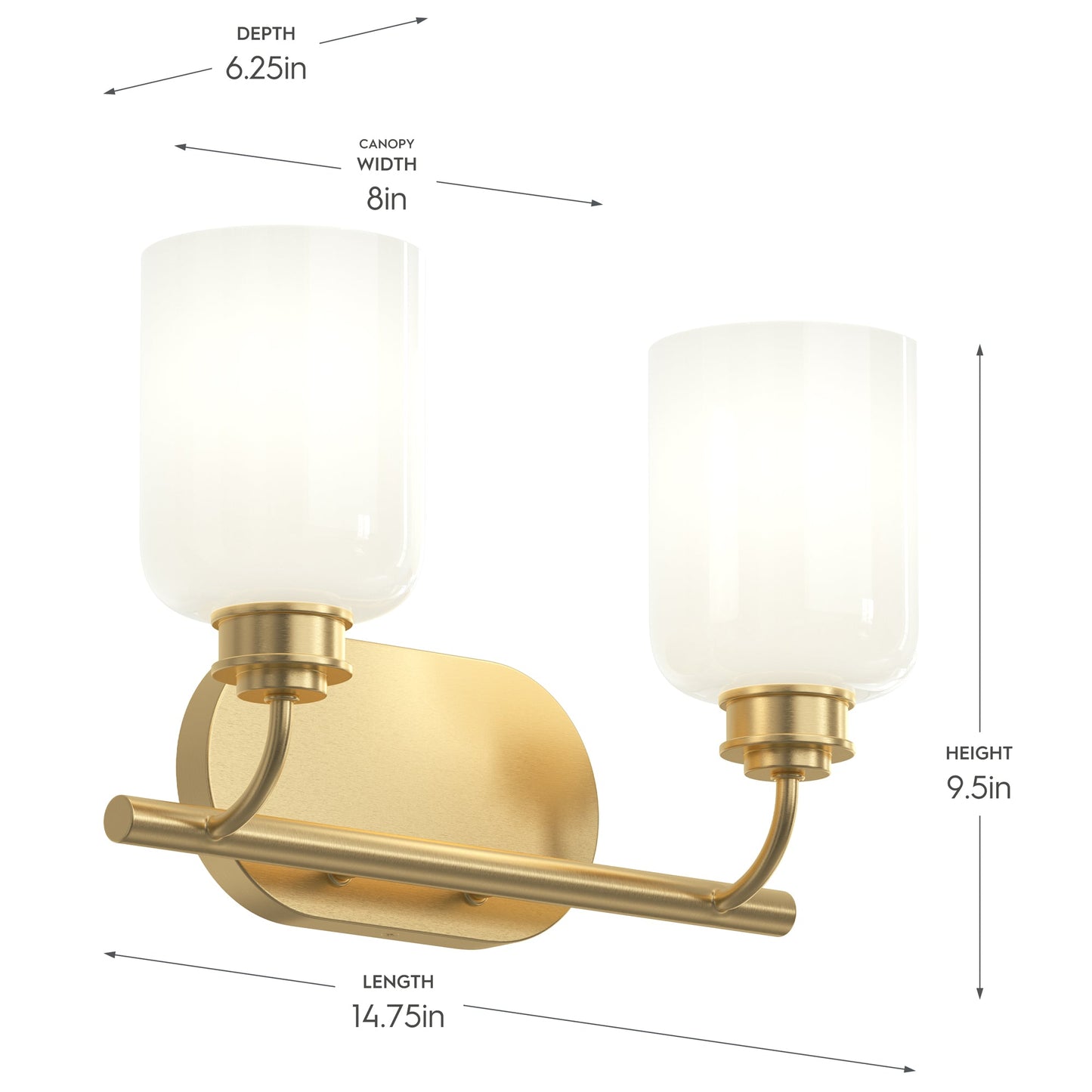 Progress Lighting P300578-191 Reines 2-Light Bath Vanity dimensions: 14.75in length, 9.5in height, 6.25in depth, 8in canopy width