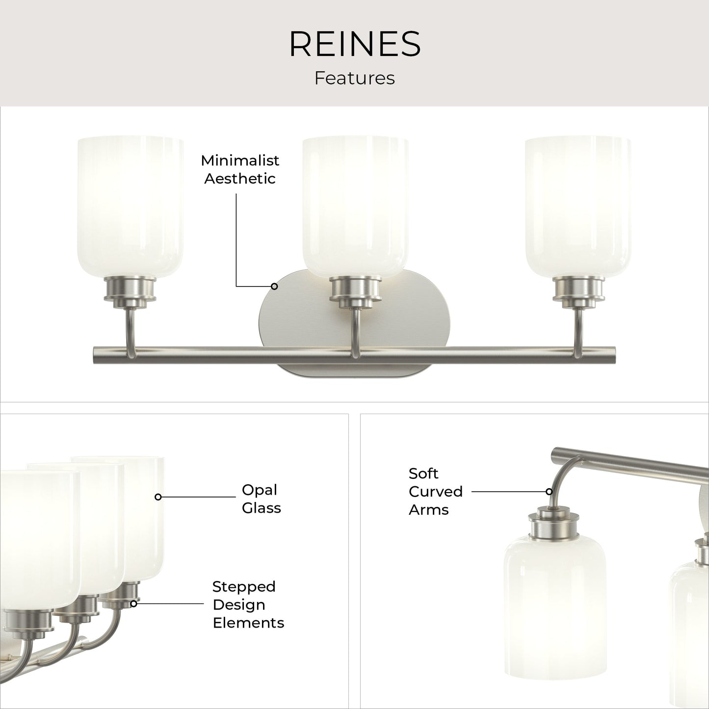 Progress Lighting P300579-009 Reines Bath Vanity features infographic showing opal glass shades, stepped design elements, and soft curved arms