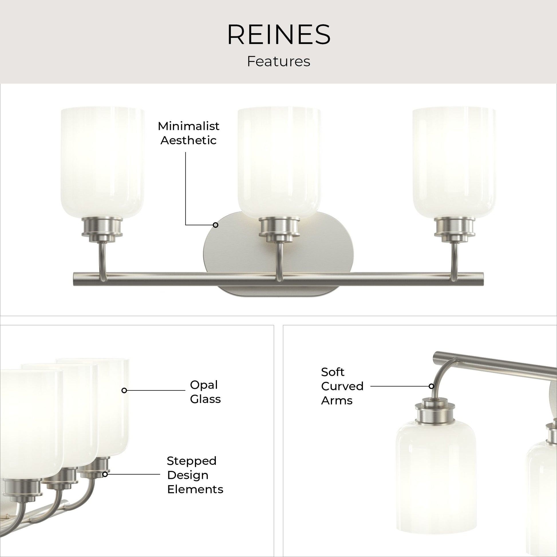 Progress Lighting P300579-009 Reines Bath Vanity features infographic showing opal glass shades, stepped design elements, and soft curved arms