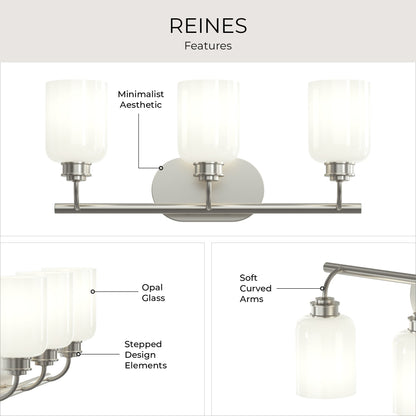 Progress Lighting P300579-009 Reines Bath Vanity features infographic showing opal glass shades, stepped design elements, and soft curved arms