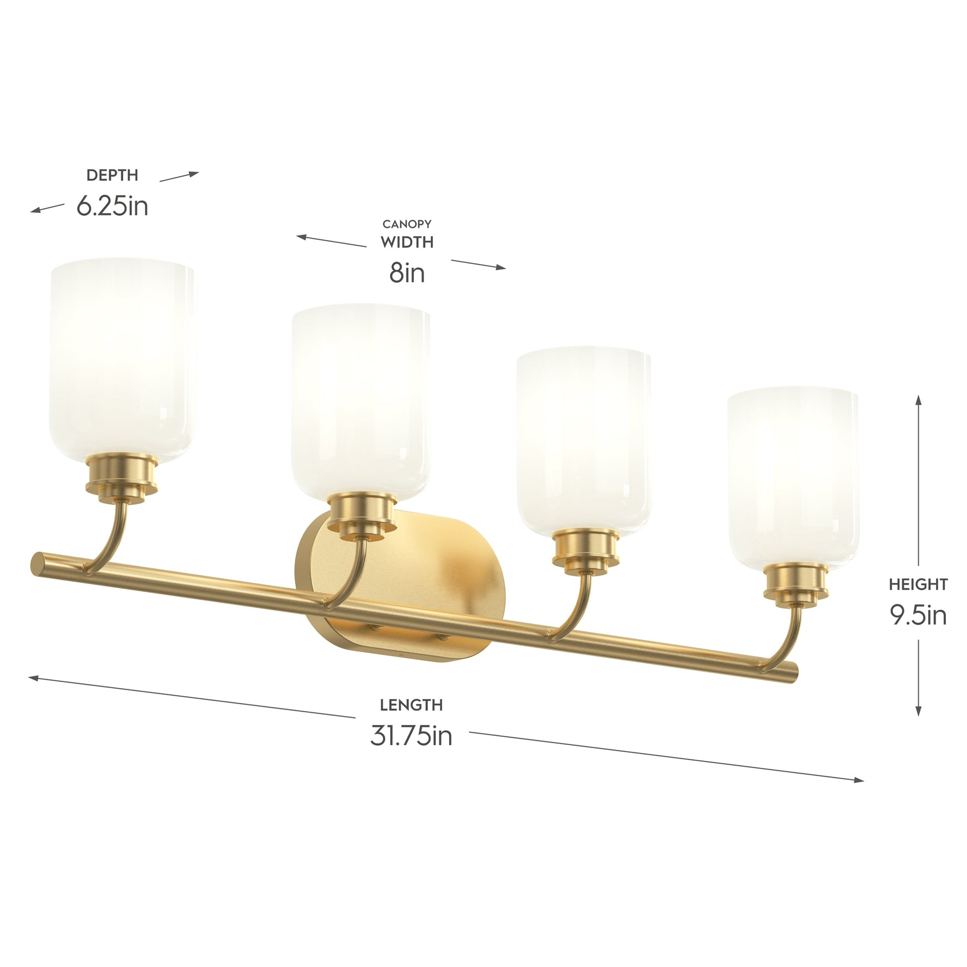 Progress Lighting P300580-191 Reines 4 Light Bath Vanity dimensions diagram showing 31.75in length, 9.5in height, 6.25in depth