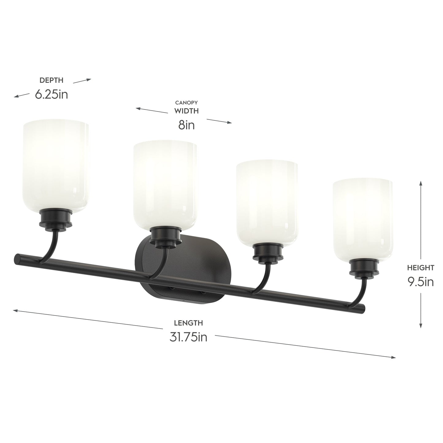 Progress Lighting P300580-31M Reines 4 Light Bath Vanity - Dimensions Diagram (31.75in L x 9.5in H x 6.25in D)