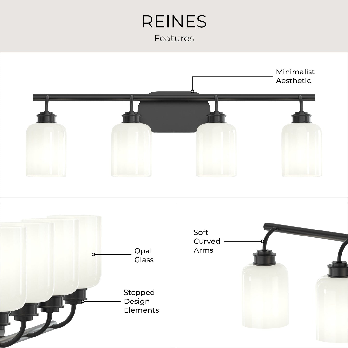 Progress Lighting P300580-31M Reines Features Infographic - Opal Glass, Stepped Design Elements, Soft Curved Arms