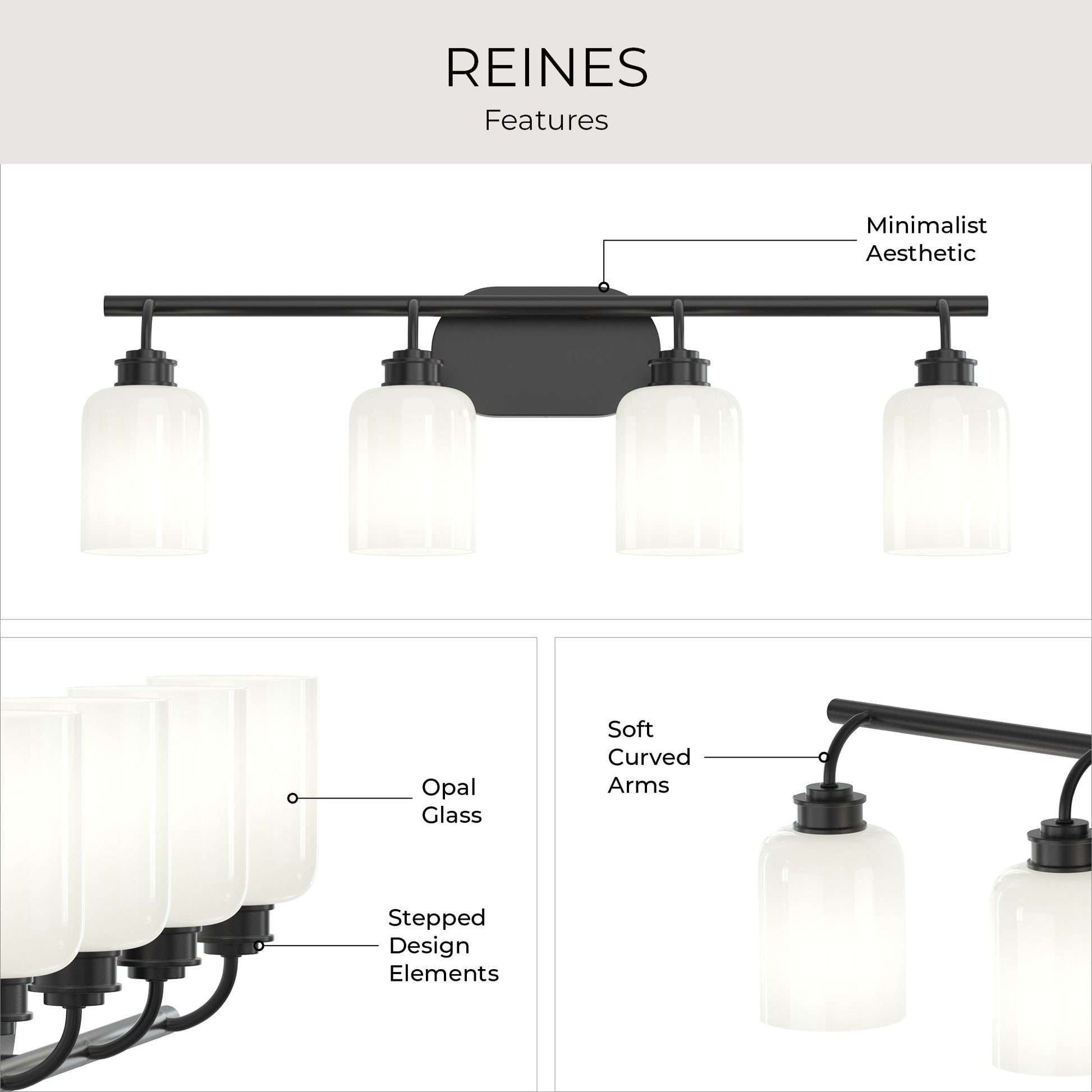 Progress Lighting P300580-31M Reines Features Infographic - Opal Glass, Stepped Design Elements, Soft Curved Arms