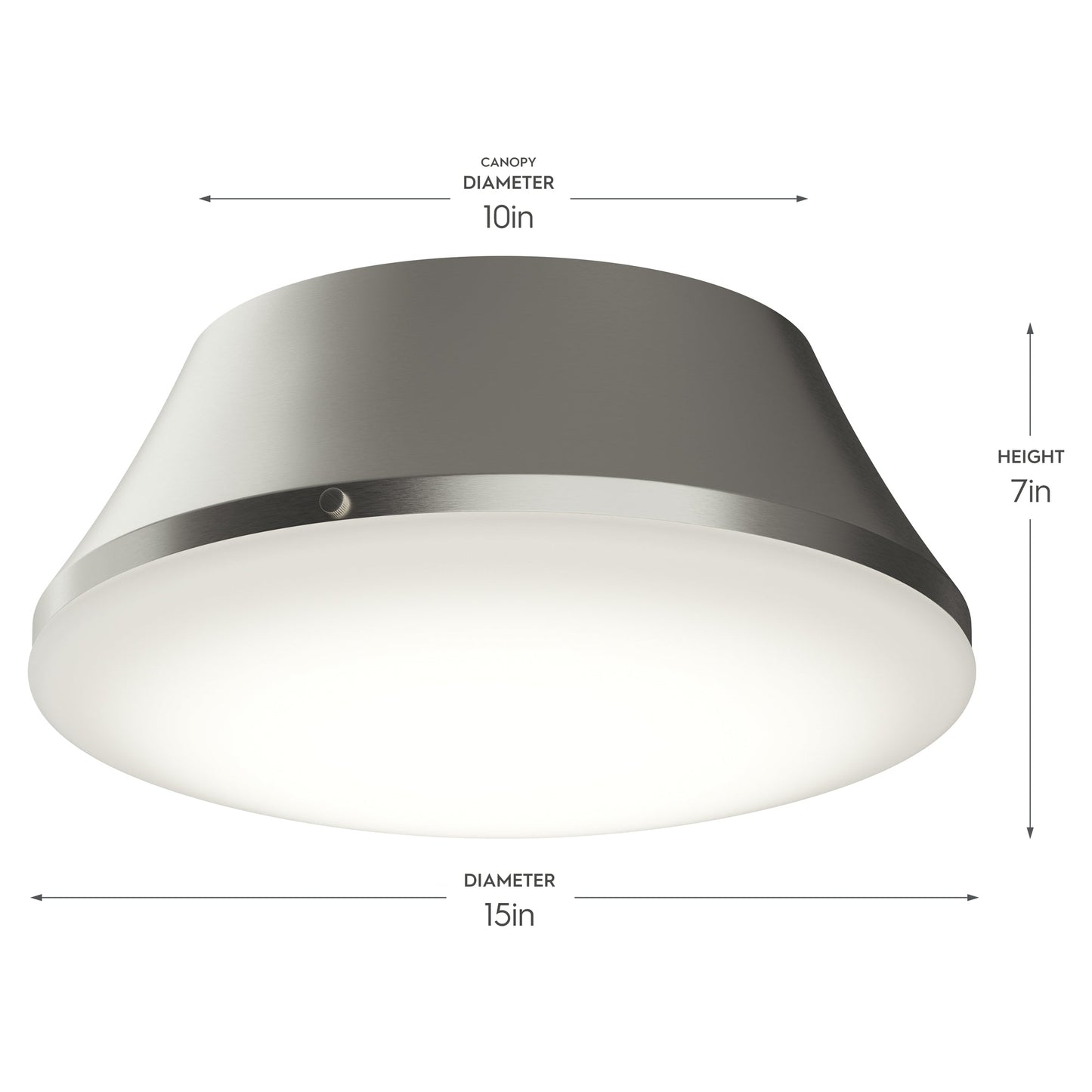 Progress Lighting P350306-009 Avra Brushed Nickel Flush Mount - Dimensions Diagram: 15in Diameter, 7in Height, 10in Canopy Diameter