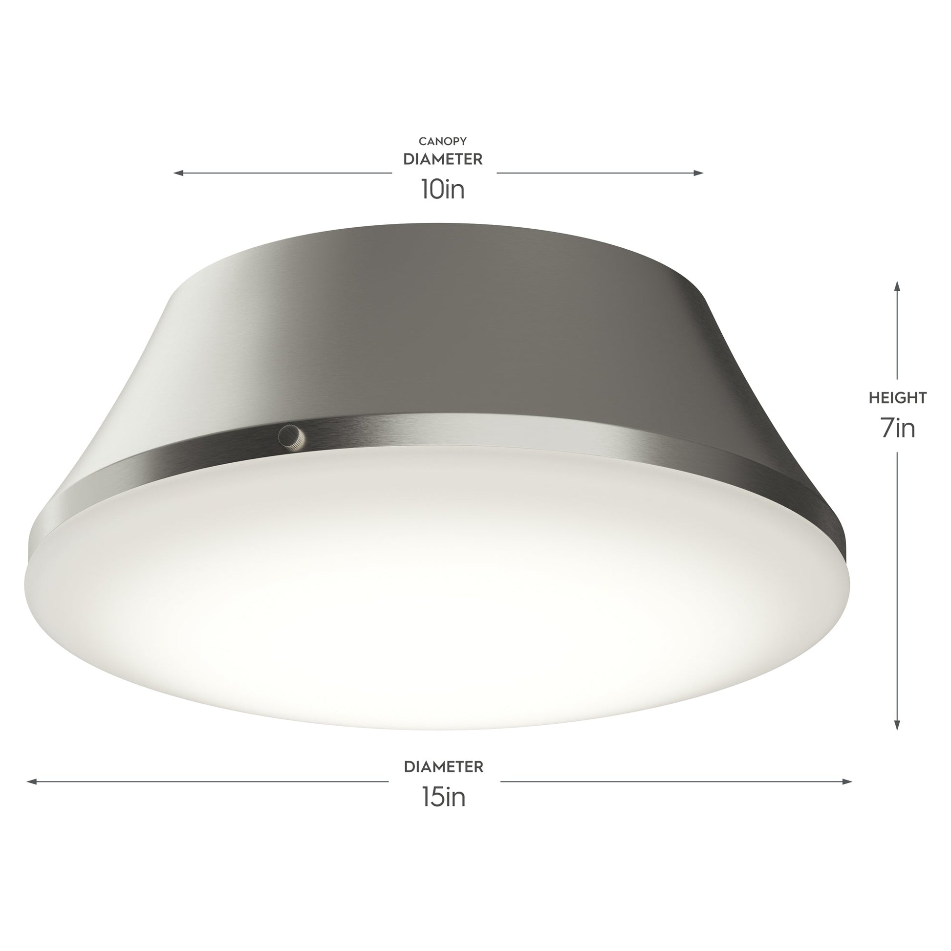 Progress Lighting P350306-009 Avra Brushed Nickel Flush Mount - Dimensions Diagram: 15in Diameter, 7in Height, 10in Canopy Diameter