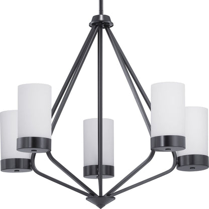 Progress Lighting Elevate 5 light matte black chandelier with etched white glass shades
