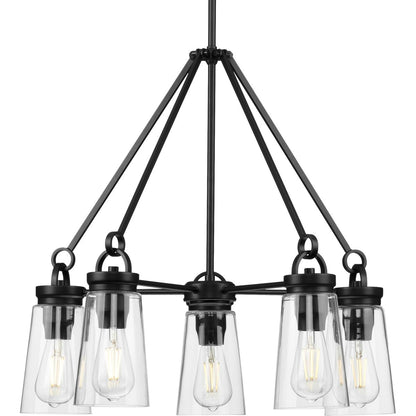 Progress Lighting P400243-031 Stockbrace 5 Light Matte Black Chandelier with Clear Glass Shades - Product View