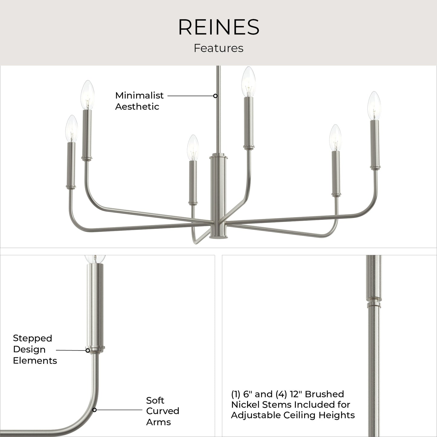 Progress Lighting P400448-009 Reines Chandelier Features - Minimalist Aesthetic, Stepped Design Elements, Soft Curved Arms