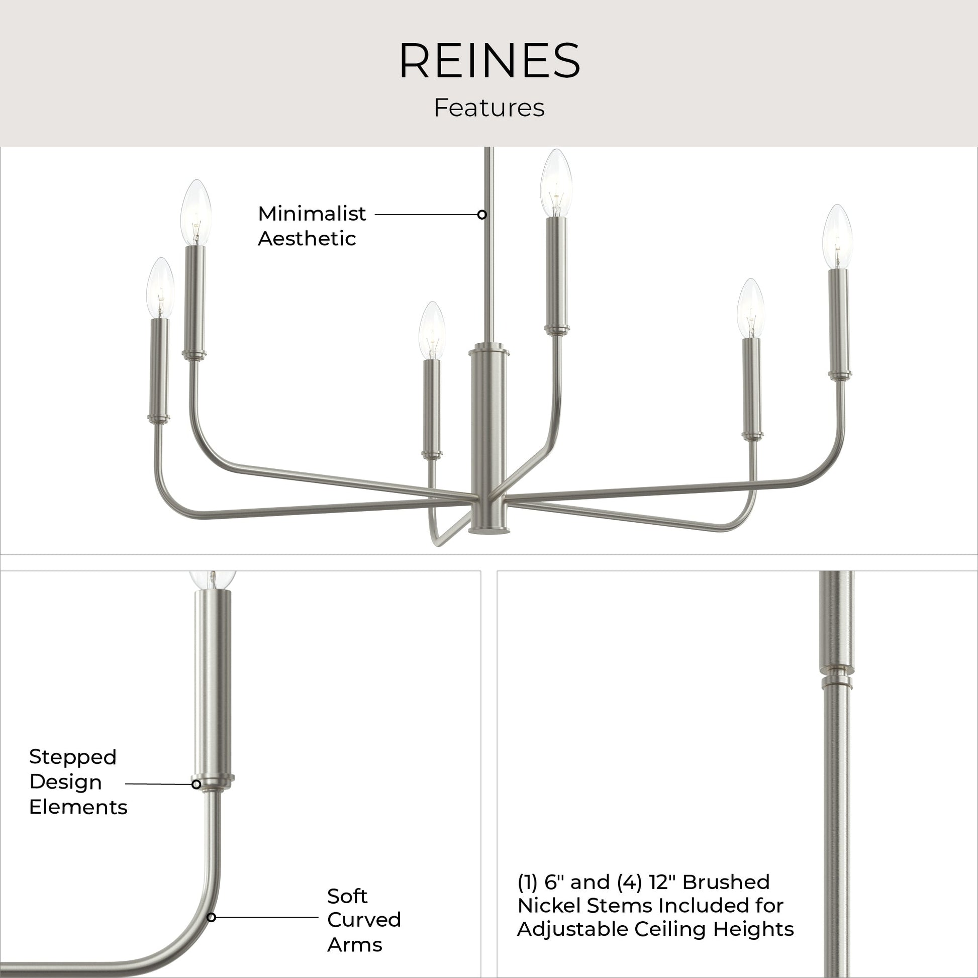 Progress Lighting P400448-009 Reines Chandelier Features - Minimalist Aesthetic, Stepped Design Elements, Soft Curved Arms