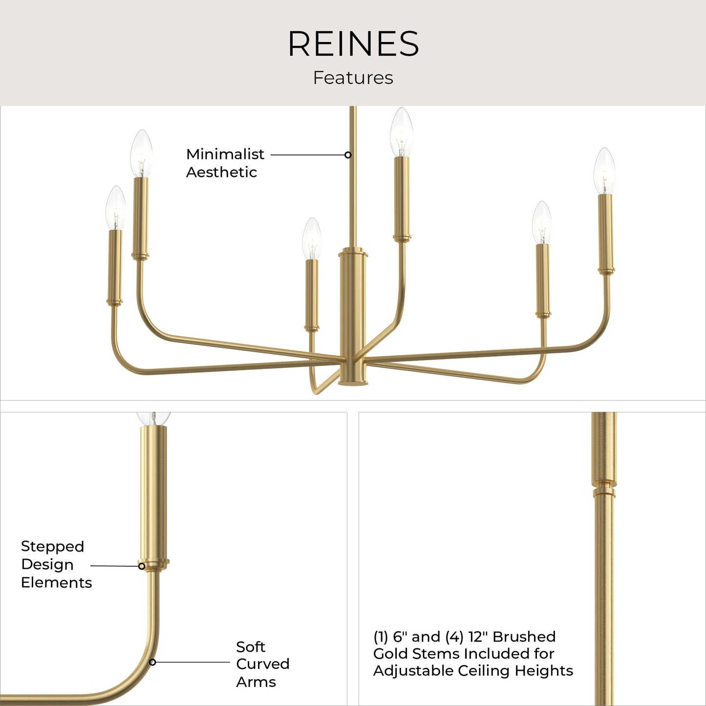 Progress Lighting P400448-191 Reines Chandelier features: minimalist aesthetic, stepped design, soft curved arms