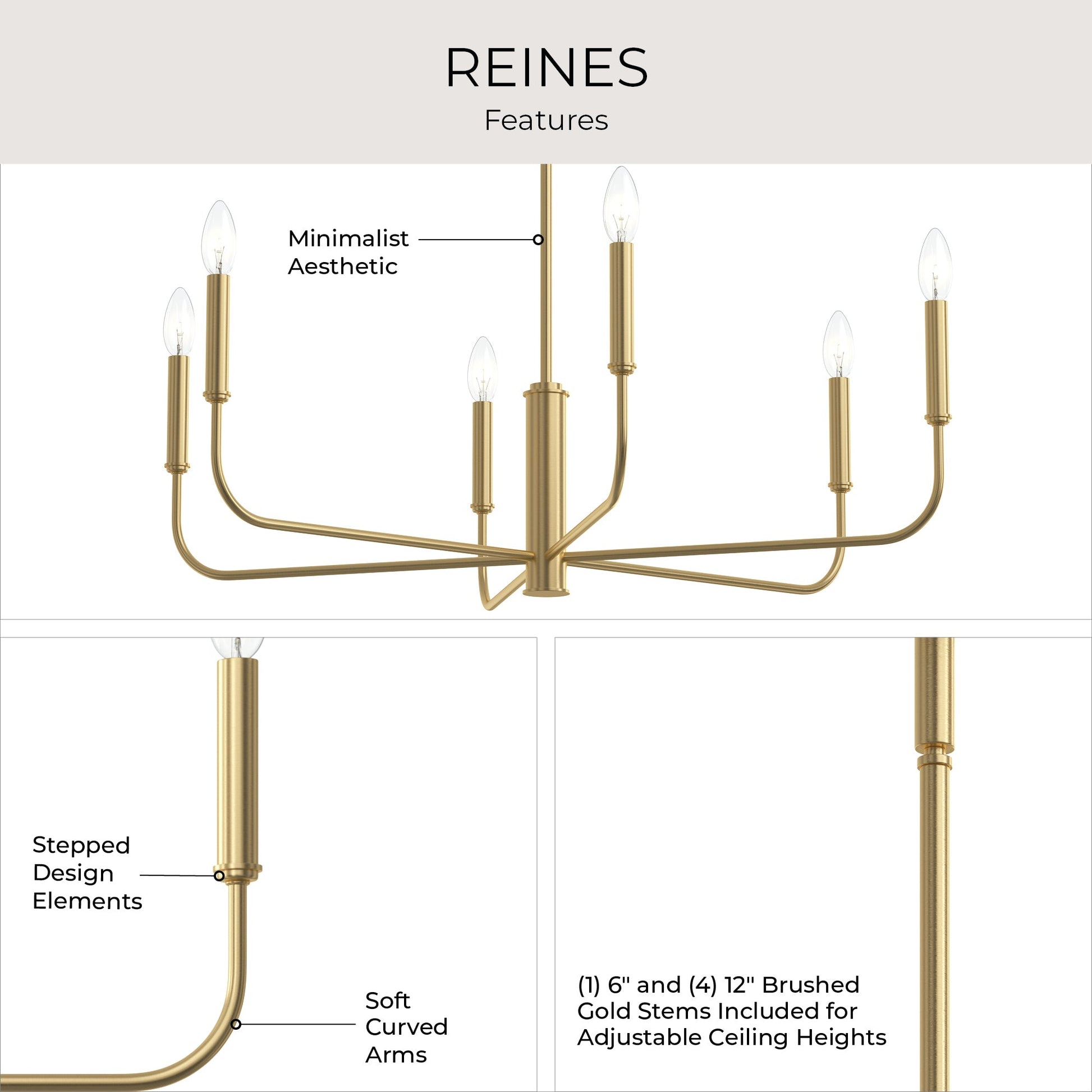 Progress Lighting P400448-191 Reines Chandelier features: minimalist aesthetic, stepped design, soft curved arms