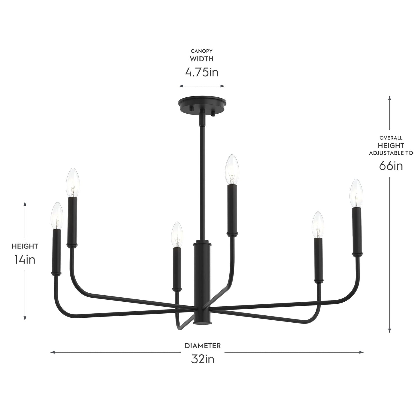 Progress Lighting P400448-31M Reines Chandelier dimension diagram showing 32in diameter, 14in height, 4.75in canopy width, adjustable to 66in overall height