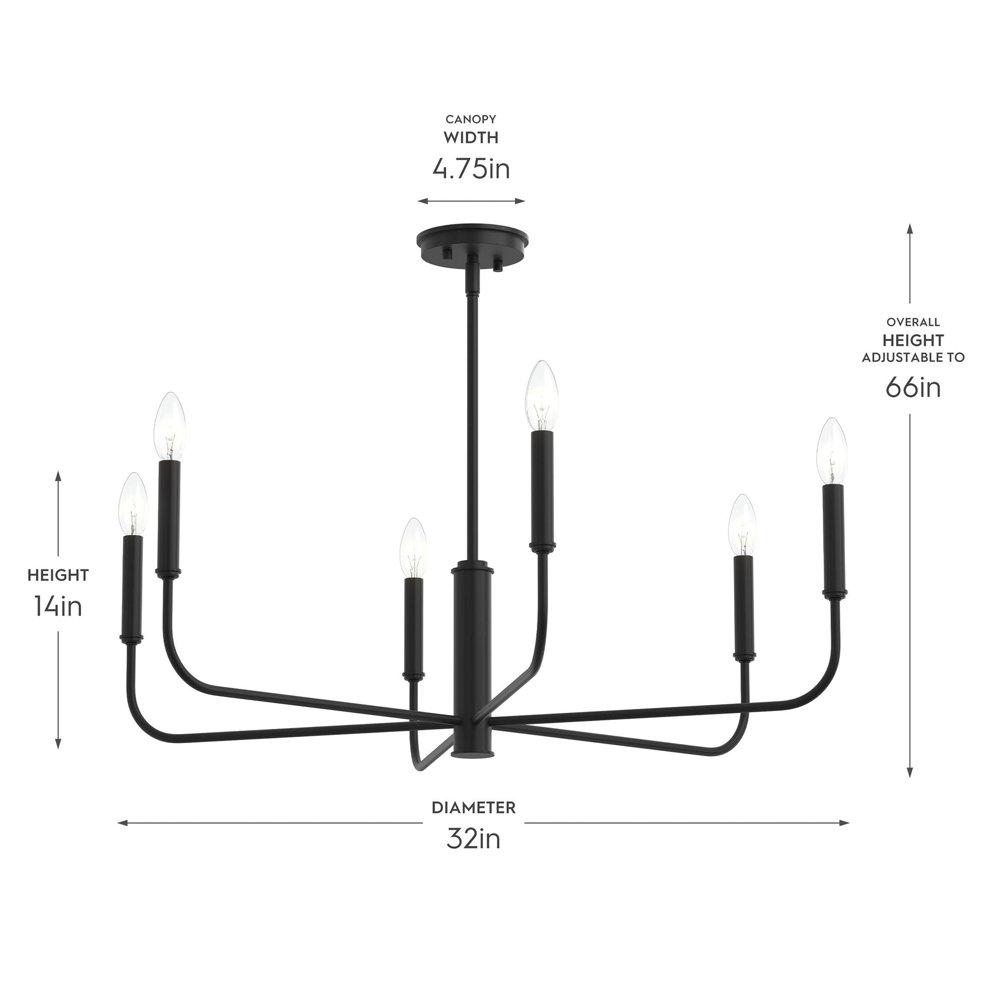 Progress Lighting P400448-31M Reines Chandelier dimension diagram showing 32in diameter, 14in height, 4.75in canopy width, adjustable to 66in overall height