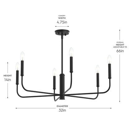 Progress Lighting P400448-31M Reines Chandelier dimension diagram showing 32in diameter, 14in height, 4.75in canopy width, adjustable to 66in overall height