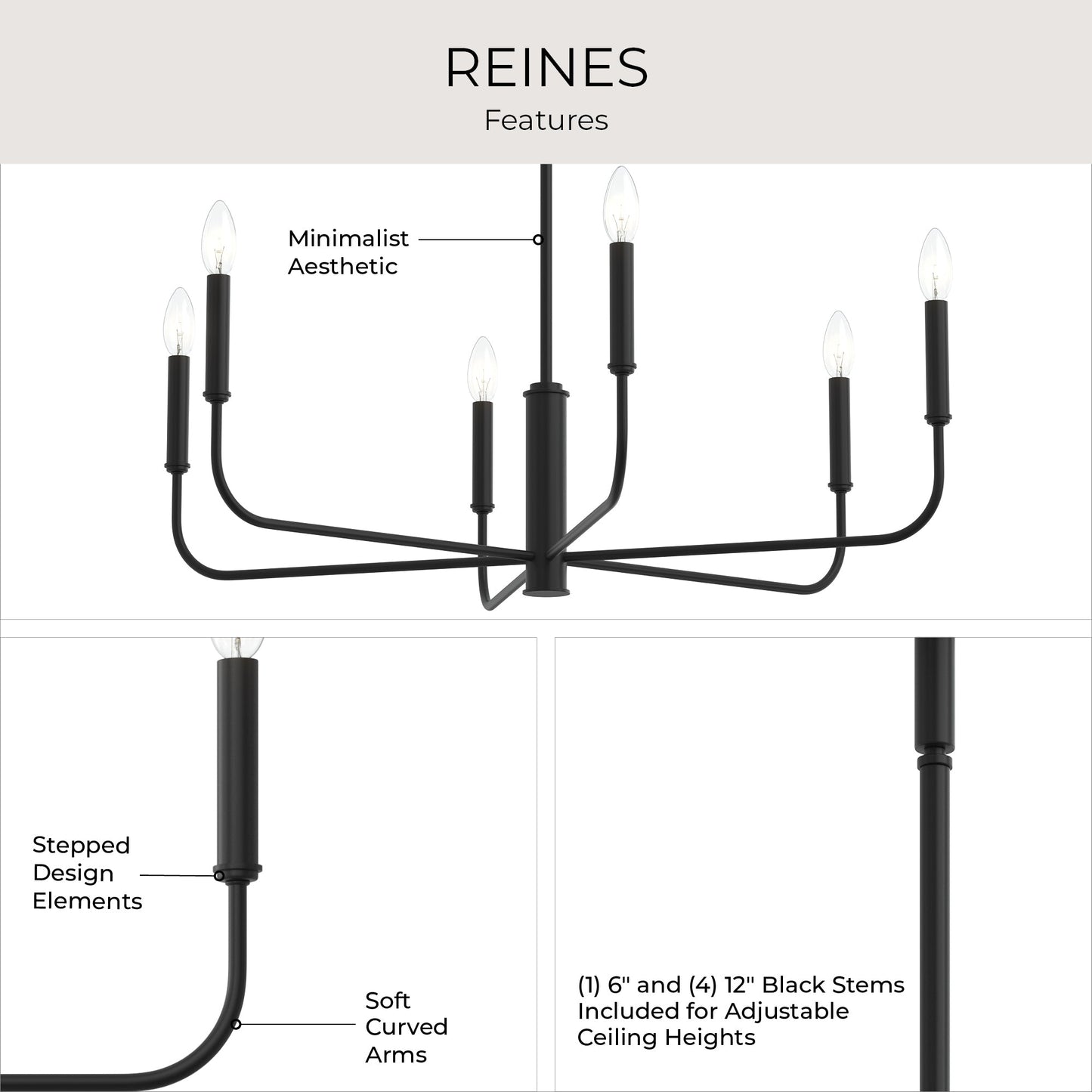 Progress Lighting P400448-31M Reines Chandelier feature infographic highlighting minimalist aesthetic, stepped design elements, soft curved arms, and included stems