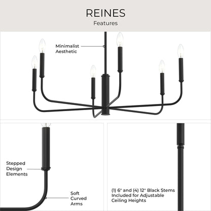 Progress Lighting P400448-31M Reines Chandelier feature infographic highlighting minimalist aesthetic, stepped design elements, soft curved arms, and included stems