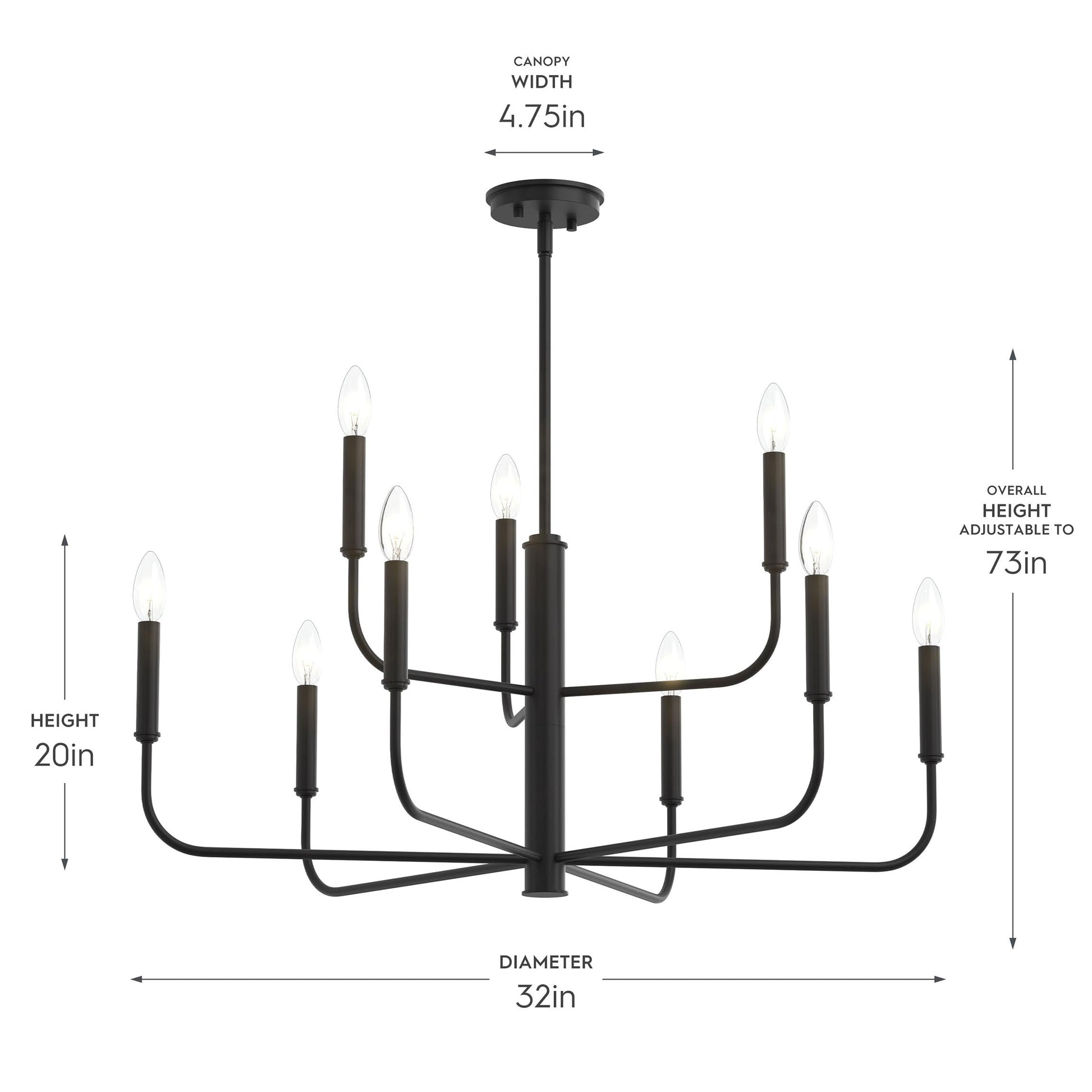 Progress Lighting P400449-31M Reines 9-Light Matte Black Chandelier - Dimensions Diagram