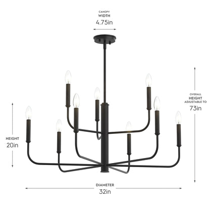 Progress Lighting P400449-31M Reines 9-Light Matte Black Chandelier - Dimensions Diagram