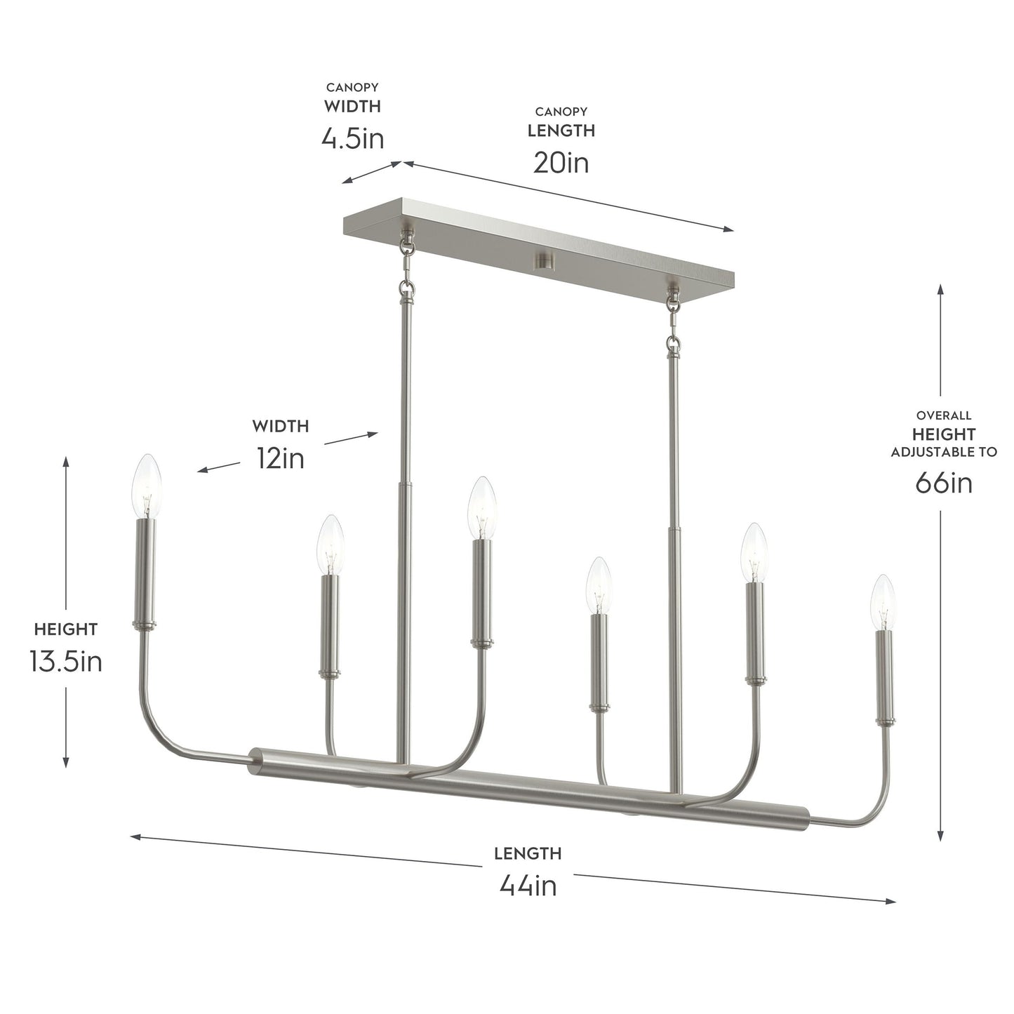 Progress Lighting P400450-009 Reines 6 Light Brushed Nickel Linear Chandelier - Dimensions Diagram: 44in Length, 13.5in Height, 12in Width, 66in Adjustable Overall Height