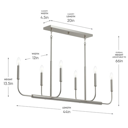 Progress Lighting P400450-009 Reines 6 Light Brushed Nickel Linear Chandelier - Dimensions Diagram: 44in Length, 13.5in Height, 12in Width, 66in Adjustable Overall Height