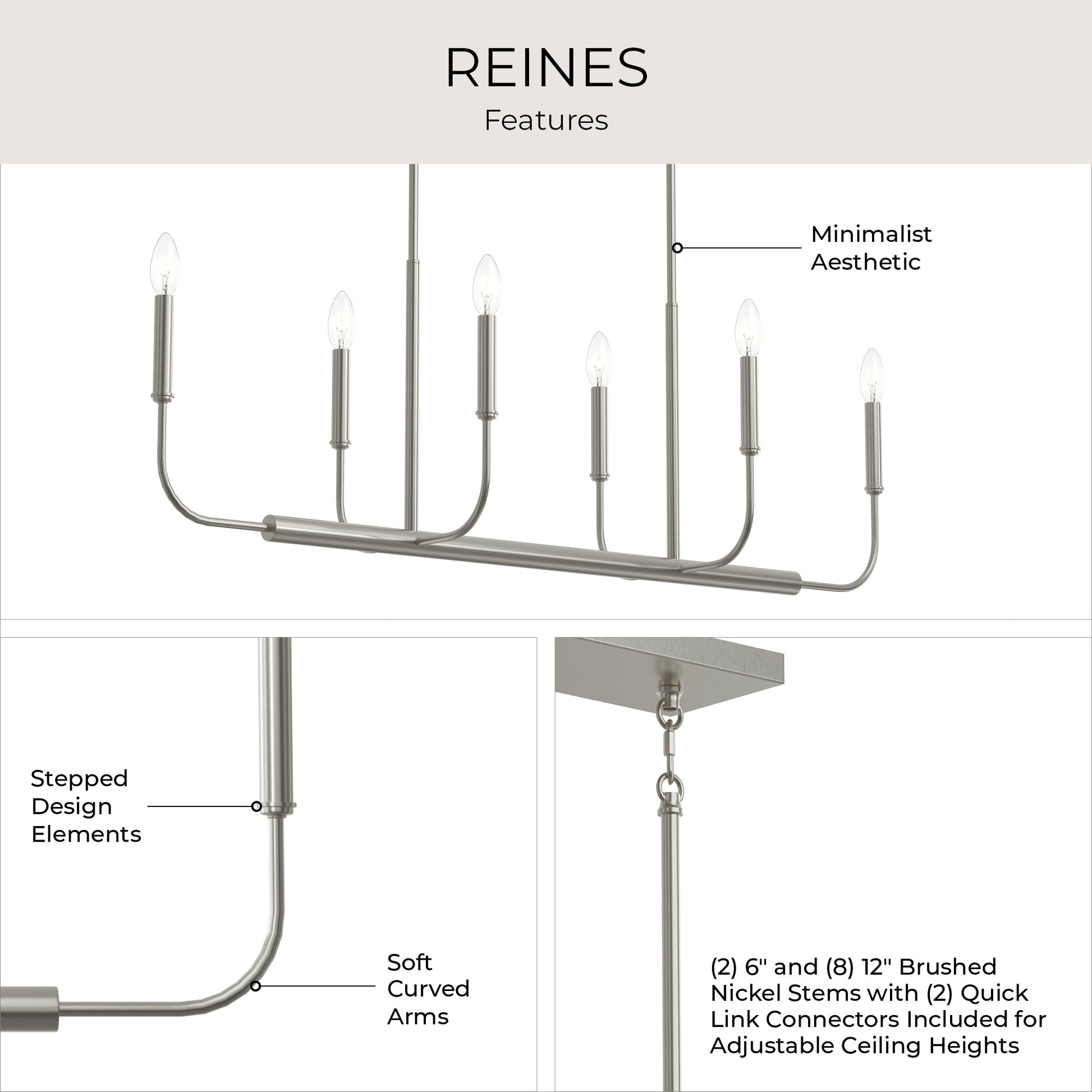 Progress Lighting P400450-009 Reines Features Infographic - Minimalist Aesthetic, Stepped Design Elements, Soft Curved Arms, Adjustable Stems