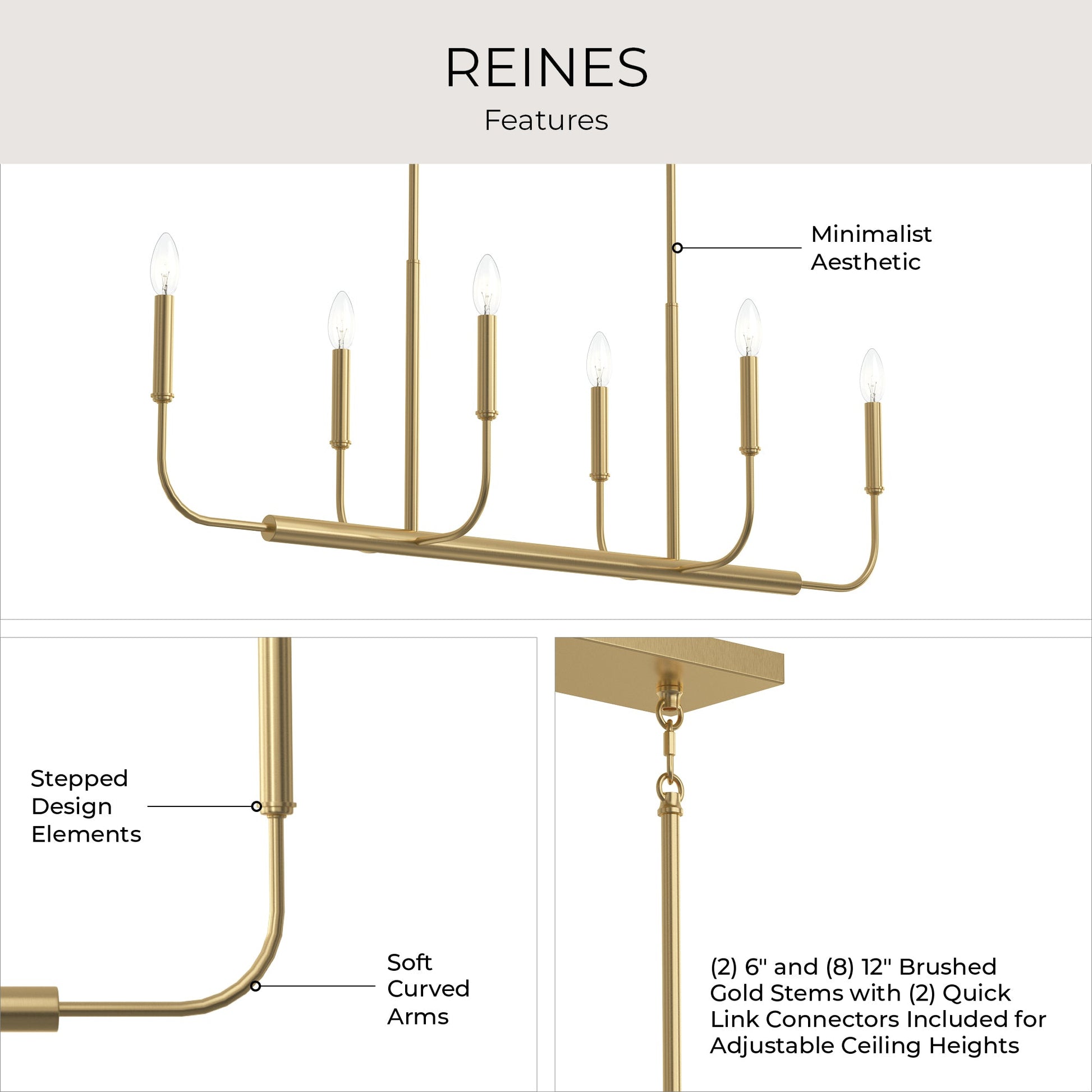 Progress Lighting Reines Linear Chandelier features infographic highlighting minimalist aesthetic, stepped design elements, and soft curved arms